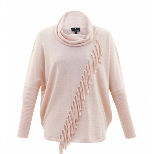 The Marble Long Sleeve Knit 6373 by MARBLE is a stylish, light pink, 100% cotton sweater that features a cowl neck and a diagonal fringe detail running from the left shoulder to the right waist. With ribbed sleeves from the elbow down, it offers a loose, relaxed fit.