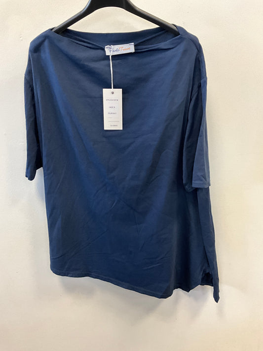 The Paolo Tricot Top DV11971B Navy is a loose-fitting, short-sleeved cotton shirt, shown on a black hanger against a white wall with a white tag on the collar—ideal for stylish summer wear.