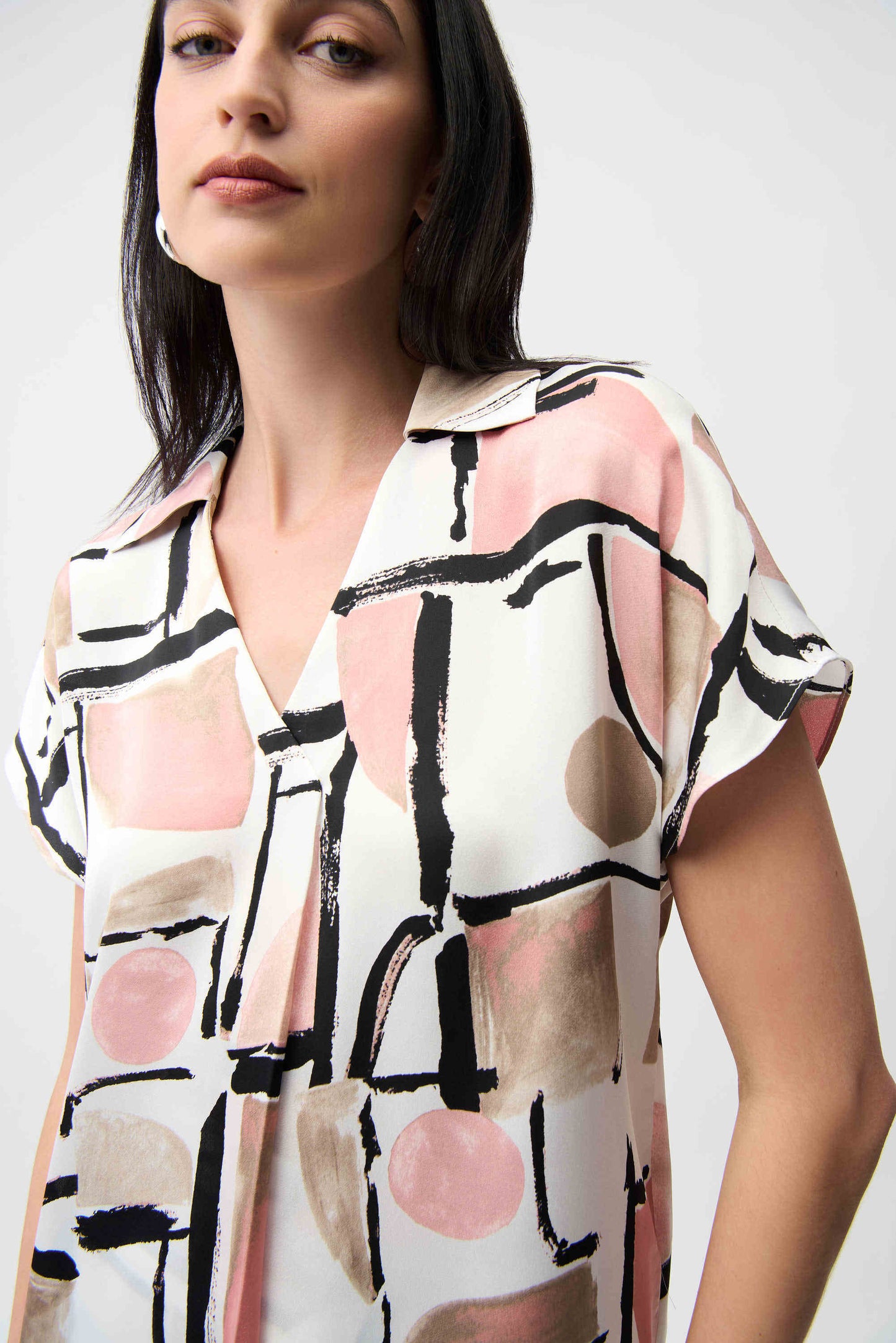 Recycled Satin Abstract Print Boxy Top With V-neckline 261308 - Joseph Ribkoff