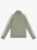 The Haku Track Jacket - SEA SPRAY by Once We Were Warriors is a green jacket with white stripes running down the sleeves. It features a high collar, ribbed cuffs, and hem. The back showcases "3:33 AM" in small gold letters near the top center, perfectly embodying the brand's distinct tracksuit style. The jacket is photographed against a plain white background.