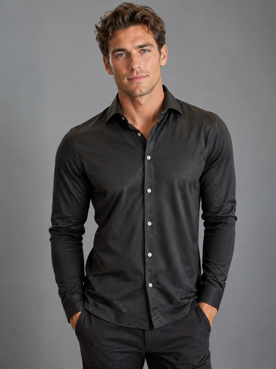 A man with wavy brown hair wears a Paul Miranda Cotton Shirt Black and dark pants, standing against a plain gray background with his hands in his pockets, looking at the camera.