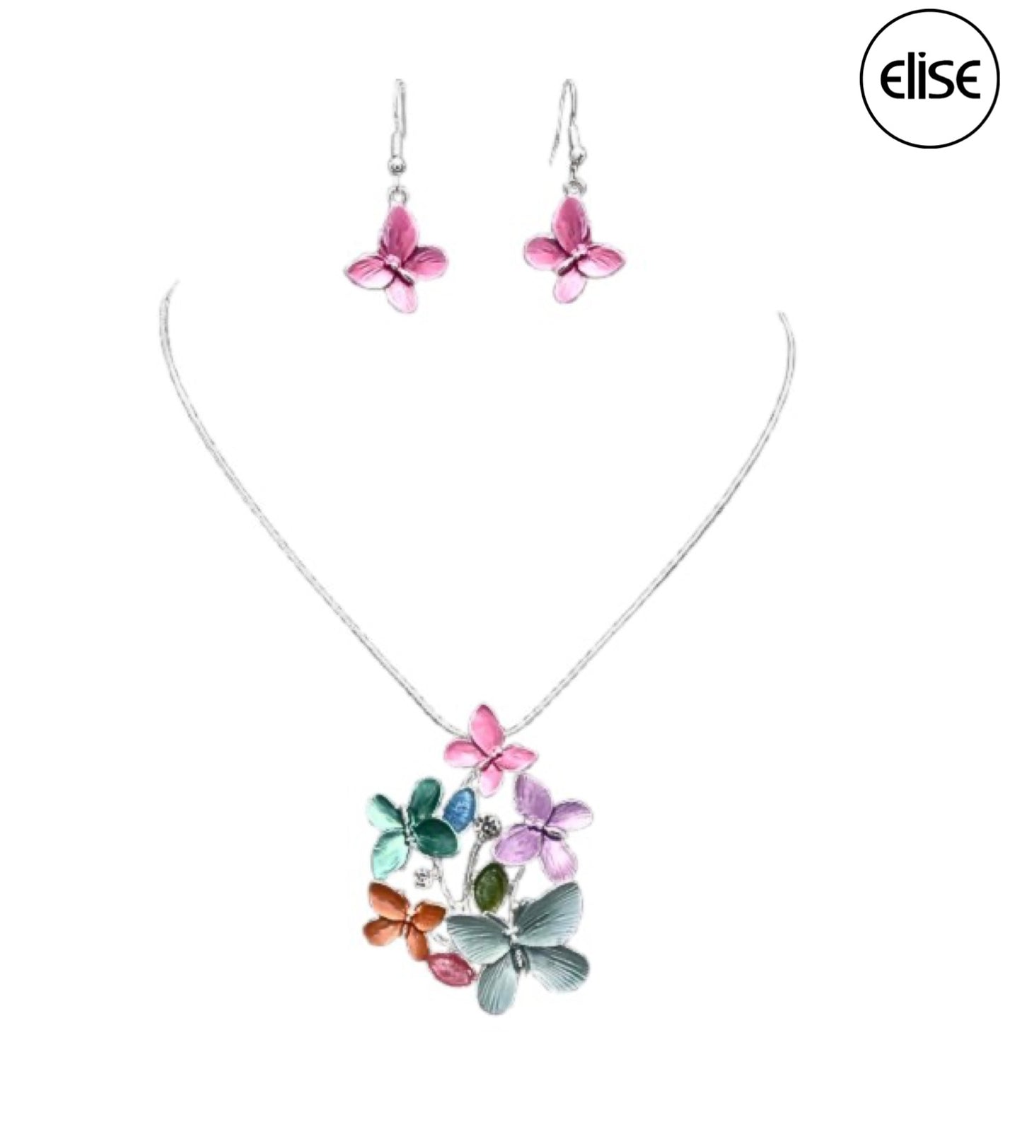 The Nicole 41 MUL Necklace & Earring Set by Elise accessories features silver-tone pieces accented with colorful butterfly charms in pink, blue, green, purple, and orange. The "elise" logo is shown in the top right corner.