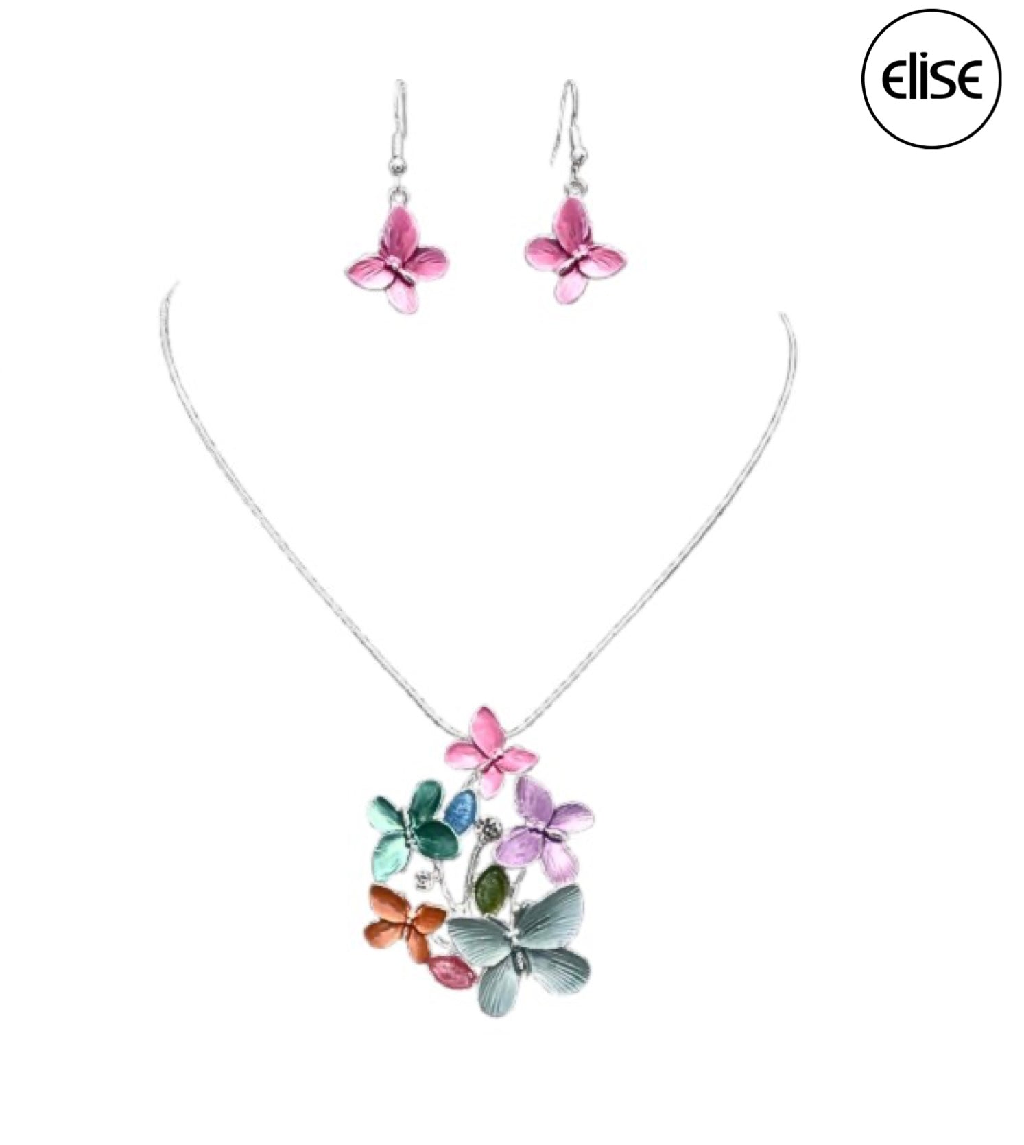 The Nicole 41 MUL Necklace & Earring Set by Elise accessories features silver-tone pieces accented with colorful butterfly charms in pink, blue, green, purple, and orange. The "elise" logo is shown in the top right corner.