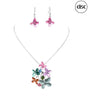 The Nicole 41 MUL Necklace & Earring Set by Elise accessories features silver-tone pieces accented with colorful butterfly charms in pink, blue, green, purple, and orange. The "elise" logo is shown in the top right corner.