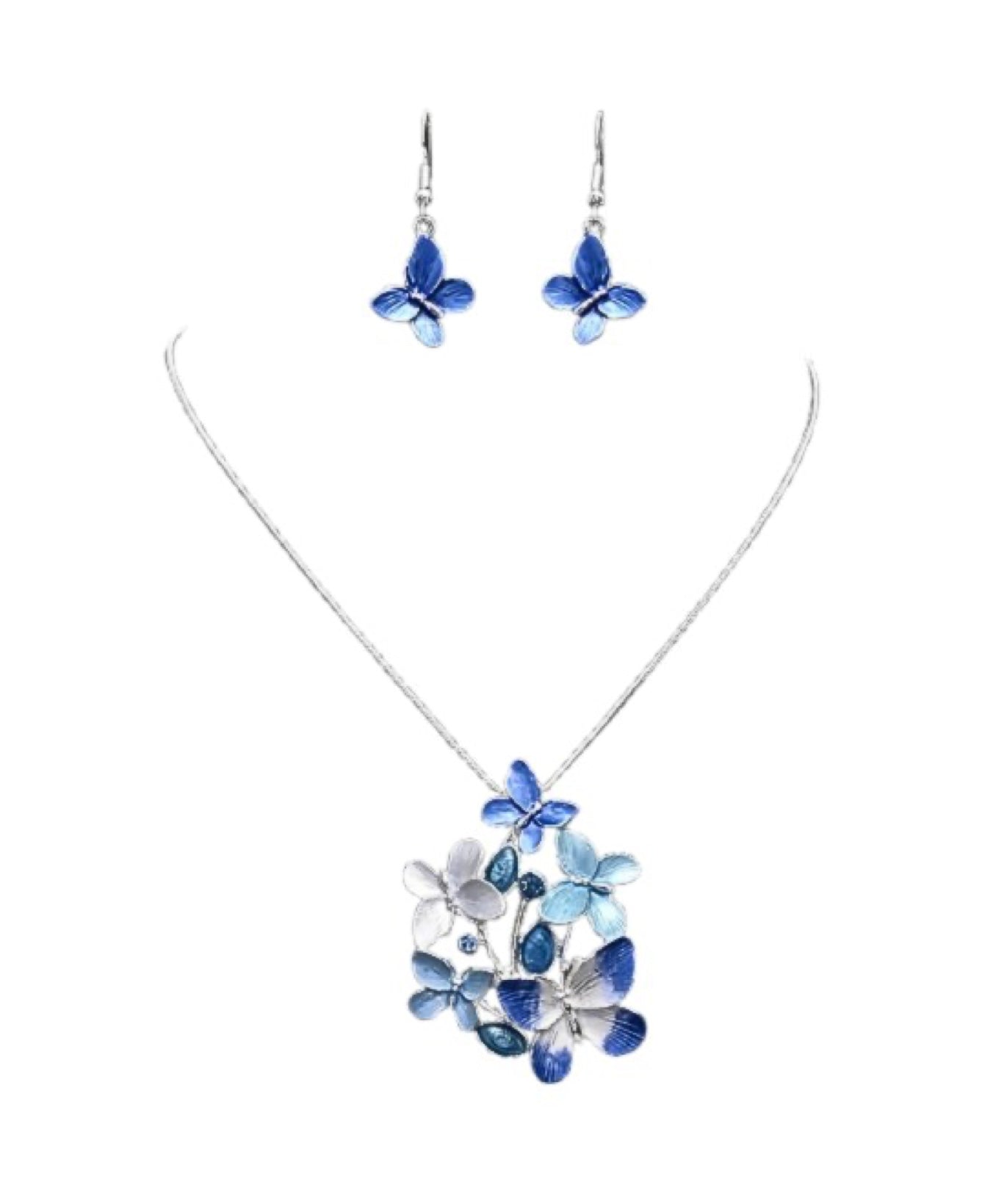 The Nicole 41 BLU Necklace & Earring Set by Elise Accessories features a silver necklace with a floral pendant and matching earrings, each showcasing blue and silver flower shapes—a stylish must-have from Elise Accessories.