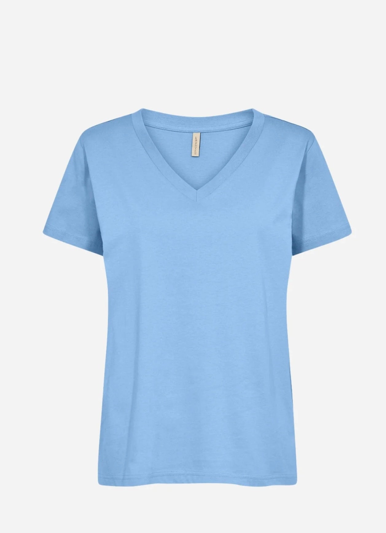 A back view of the SC-DERBY 2 T-Shirt by SoyaConcept in a light blue shade. Perfect for a stylish woman, this short-sleeve shirt features a round neckline and is displayed on a plain white background. With no visible logos, patterns, or designs, it offers a simple and casual appearance along with a comfortable fit.