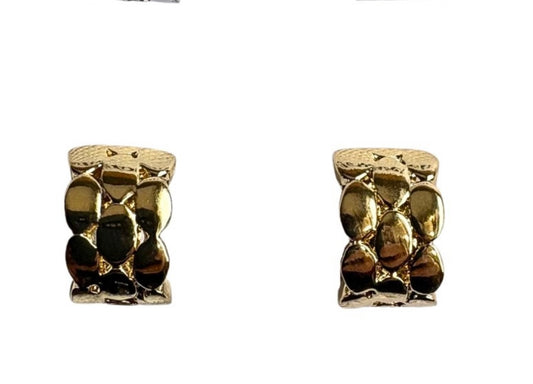 Doris 15 Gold Clip-on Earrings by Elise Accessories: small, rectangular gold earrings with a raised bubble-like texture, ideal for unique costume jewelry lovers, shown on a white background.