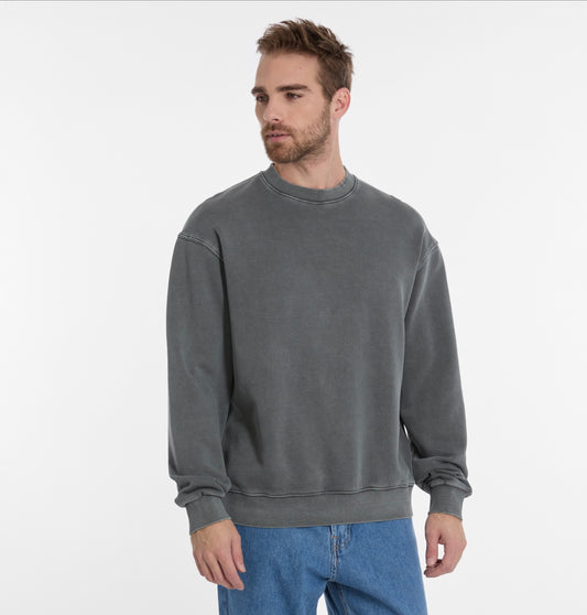 A man with short brown hair and a beard models the WASHEL Men’s Sweatshirt by RAGWEAR in gray, paired with blue jeans, against a plain white background, looking slightly to his left.
