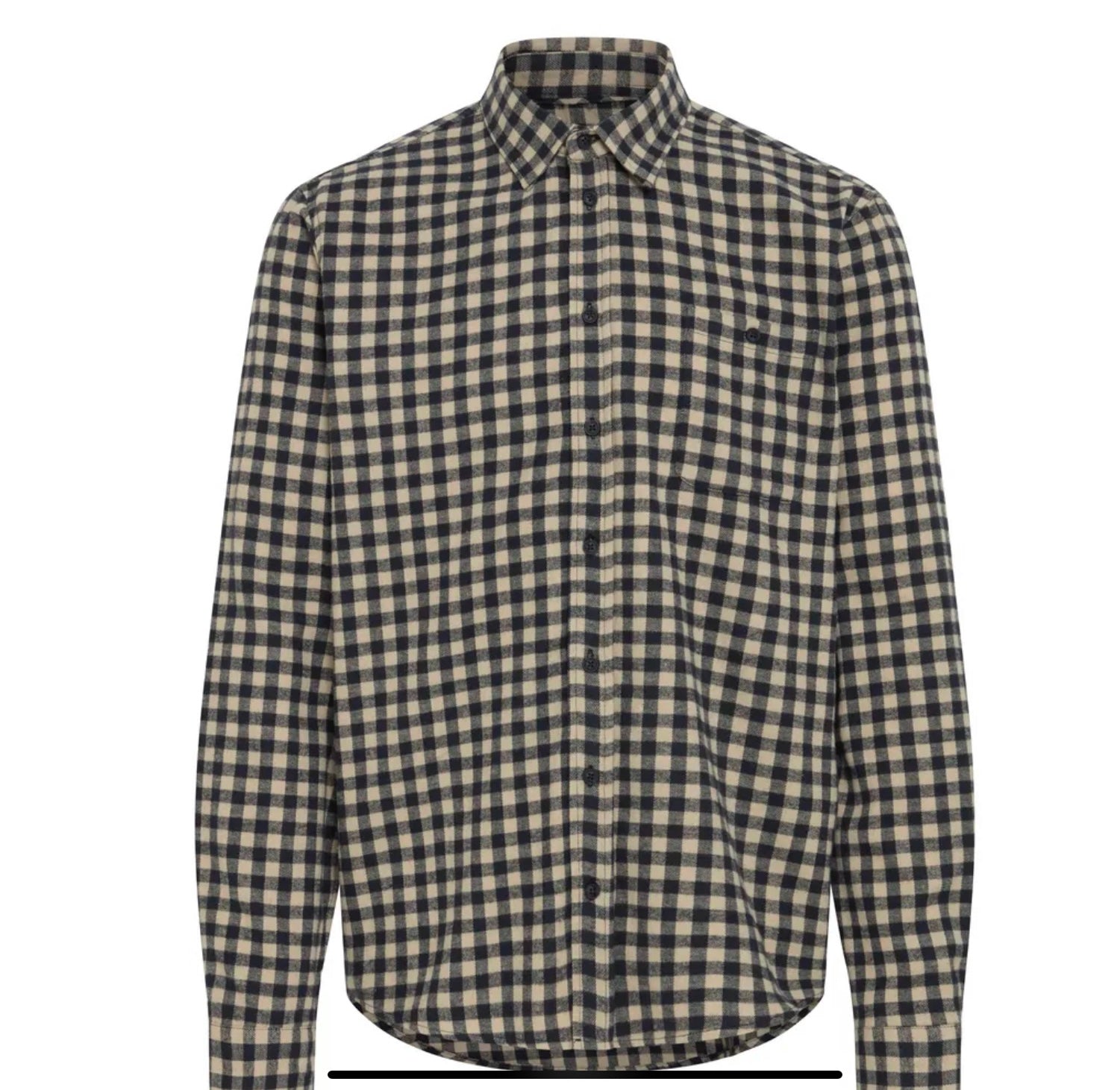 The BHAUGO Shirt Check by BLEND is a long-sleeve button-up with a black and beige check pattern, collar, and single chest pocket, made from a polyester-cotton blend. Displayed on a plain white background.