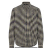 The BHAUGO Shirt Check by BLEND is a long-sleeve button-up with a black and beige check pattern, collar, and single chest pocket, made from a polyester-cotton blend. Displayed on a plain white background.