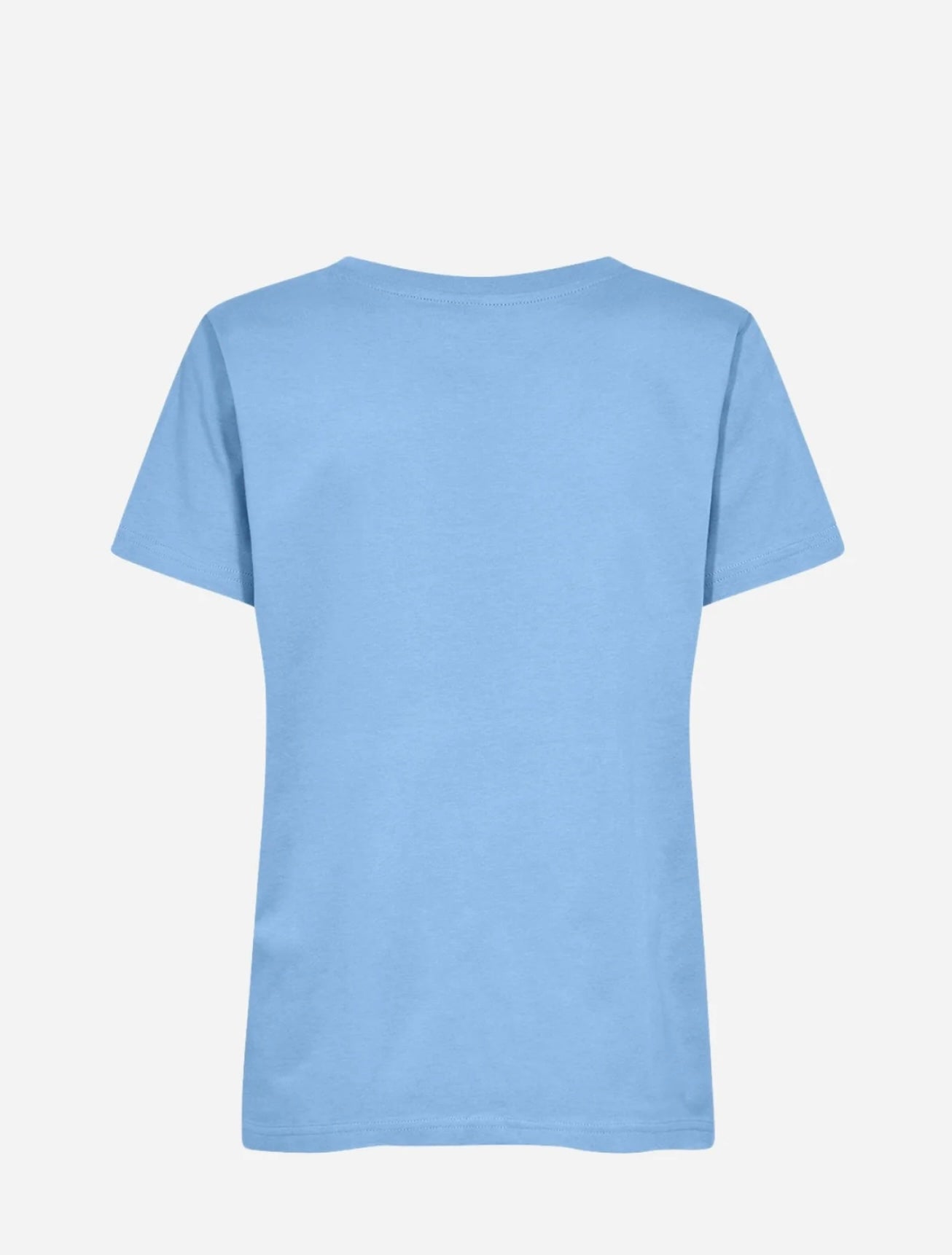 The SC-DERBY 2 T-Shirt by SoyaConcept is displayed on a white background. This light blue t-shirt, ideal for a stylish woman, features short sleeves and a simple, clean design without any visible logos or graphics. Known for its comfortable fit, the back view of this chic t-shirt is shown in the image.