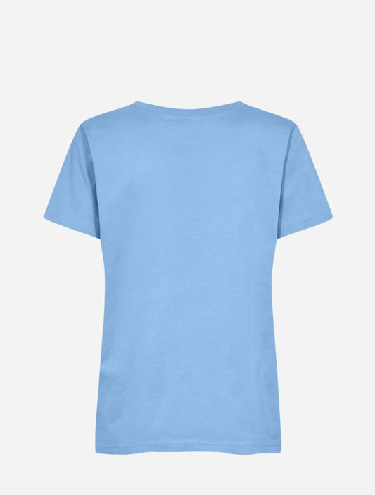 The SC-DERBY 2 T-Shirt by SoyaConcept is displayed on a white background. This light blue t-shirt, ideal for a stylish woman, features short sleeves and a simple, clean design without any visible logos or graphics. Known for its comfortable fit, the back view of this chic t-shirt is shown in the image.