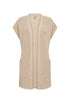 The SC-JULIA 9 Cardigan by SoyaConcept is a beige, sleeveless open-front piece with a ribbed texture. Crafted from a soft cotton blend, it includes two front pockets and boasts a relaxed, knee-length design for an effortlessly comfortable loose fit.