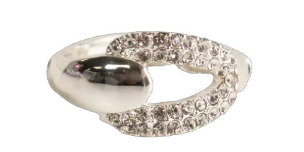 The Jenna 78 Silver Stretch Ring by Elise Accessories features a unique open design, with one polished side and the other accented with sparkling cubic zirconia—an ideal addition to your costume jewellery collection.