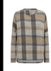 The SC-BIARA AOP 123 Top by SoyaConcept is a long-sleeve sweater showcasing a large checkered plaid design in shades of grey, black, beige, and light brown. It features a crew-style neckline and is crafted from soft ECOVERO Viscose knit fabric.