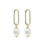 Dana 92 Gold Earrings by Elise Accessories: gold paperclip earrings with a single round white pearl dangling at the bottom, shown against a white background.