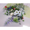 A vibrant floral arrangement known as Spring Dew from Posies Flowers & Fashion lays on a light-colored surface, displayed in a delicate vase. The bouquet includes white daisies, baby's breath, lavender and purple flowers, and a mix of white, red, and peach roses, all accented with green foliage. Availability may vary due to seasonal flowers. The background features a pale green paper.
