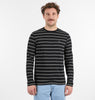 A man with short brown hair and a mustache stands against a plain white background, wearing the RAGWEAR ADDER STRIPE GOTS Long Sleeve men's shirt with thin white horizontal stripes and light blue jeans.