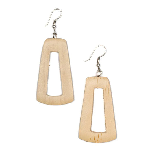 Introducing the Tinted Wood Rectangular Hoop Earrings in Cream by Suzie Blue. These artisanal earrings feature a cream-colored, rectangular shape with a central cutout and are made from wood, showcasing natural grain patterns. Each earring is fitted with a silver hook at the top for easy attachment to the ear, epitomizing Suzie Blue's dedication to craftsmanship.