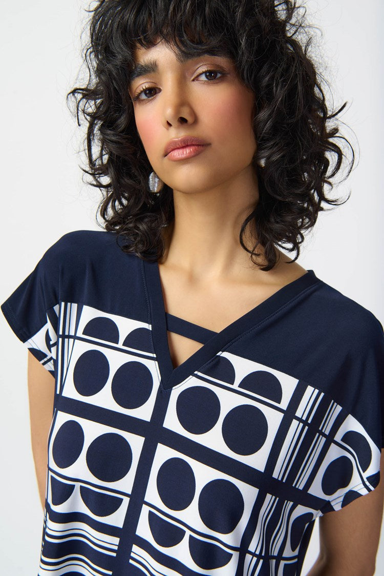 Geometric Print Silky Knit V-Neck Top 241117 - Joseph Ribkoff - Vanilla/Midnight Blue