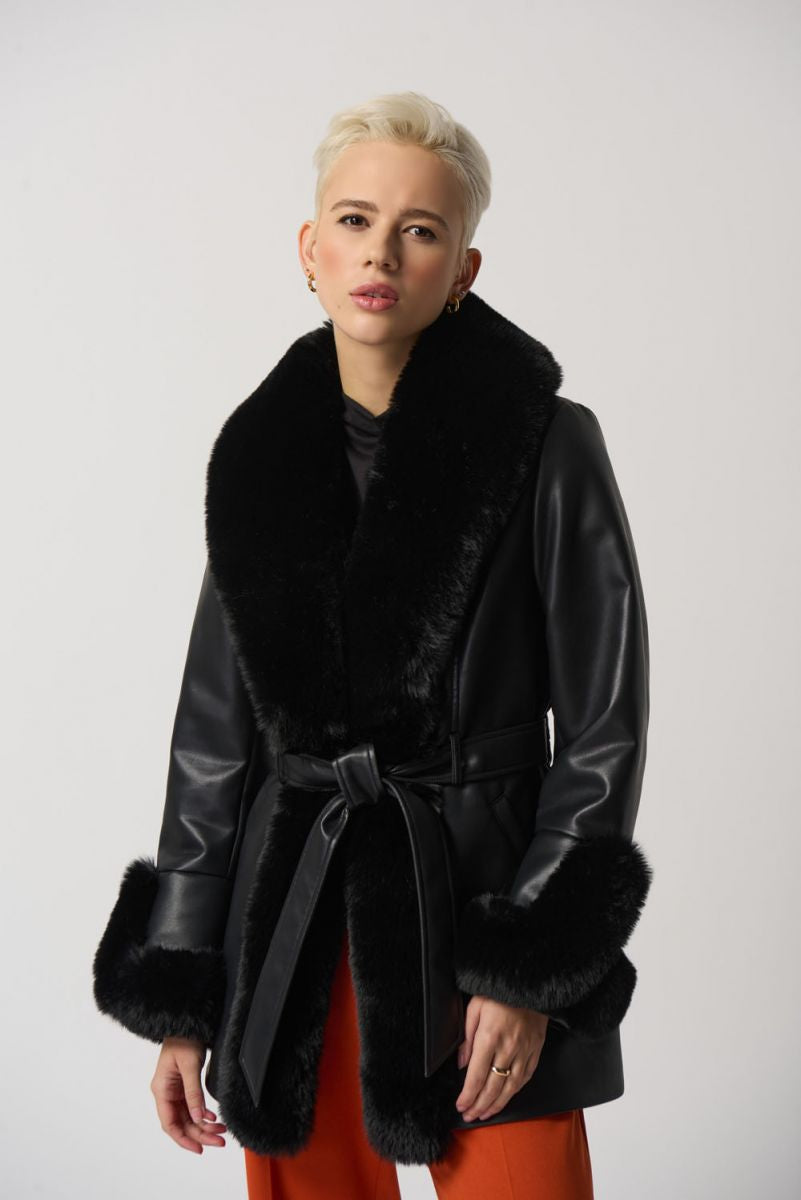 Black Leatherette Coat With Faux Fur Style 233927-Joseph Ribkoff