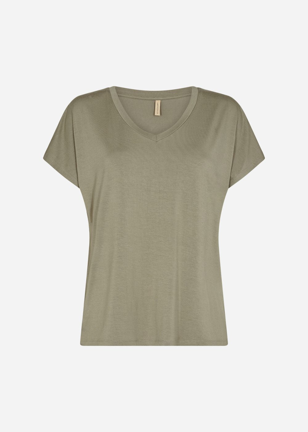 A vibrant green, short-sleeved SC-MARICA 32 T-Shirt by SoyaConcept, featuring a V-neck and relaxed fit. The comfortable fabric is highlighted against a white background with a small tag at the inside back neckline.