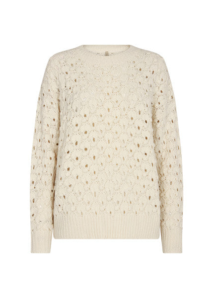 The Soyaconcept TEA 1 from SoyaConcept is a cream-colored knitted sweater featuring a lacy, open-weave pattern. This long-sleeved beige pullover includes ribbed details at the crew neckline, cuffs, and hem, offering a cozy and textured look. The intricate design adds slight transparency through the fabric.