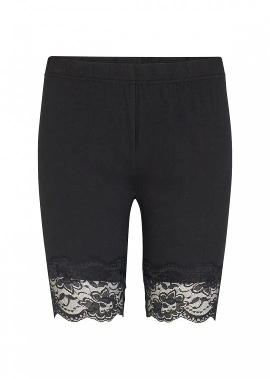 SoyaConcept's Black Shorts for women feature a delicate floral lace trim along the hem, adding a stylish and feminine touch. These classic fitted shorts can be effortlessly paired with a white tank top, making them a versatile wardrobe essential. An elastic waistband ensures a comfortable fit.