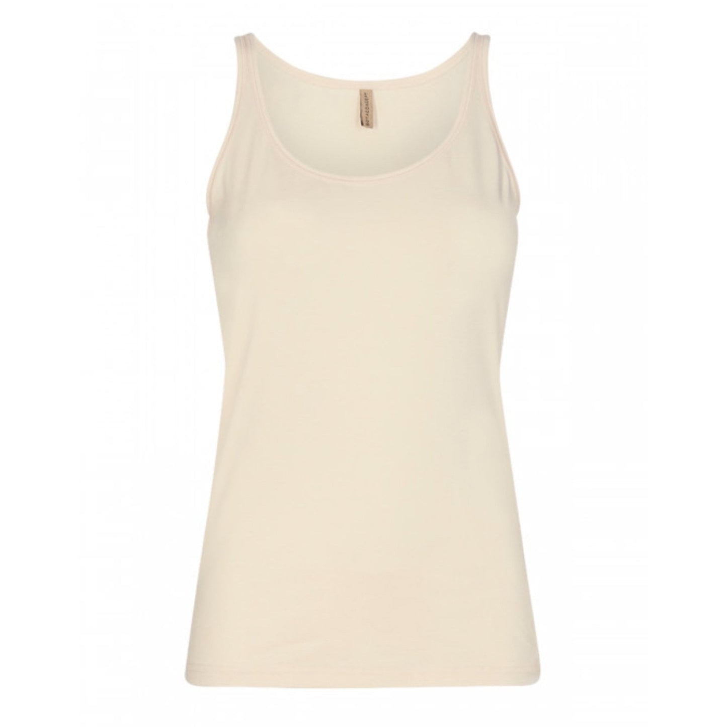 A plain, sleeveless beige SoyaConcept PYLLE 123 Tank Top is shown against a white background. The stylish tank top features a round neckline and a simple, fitted design with no visible patterns or logos.