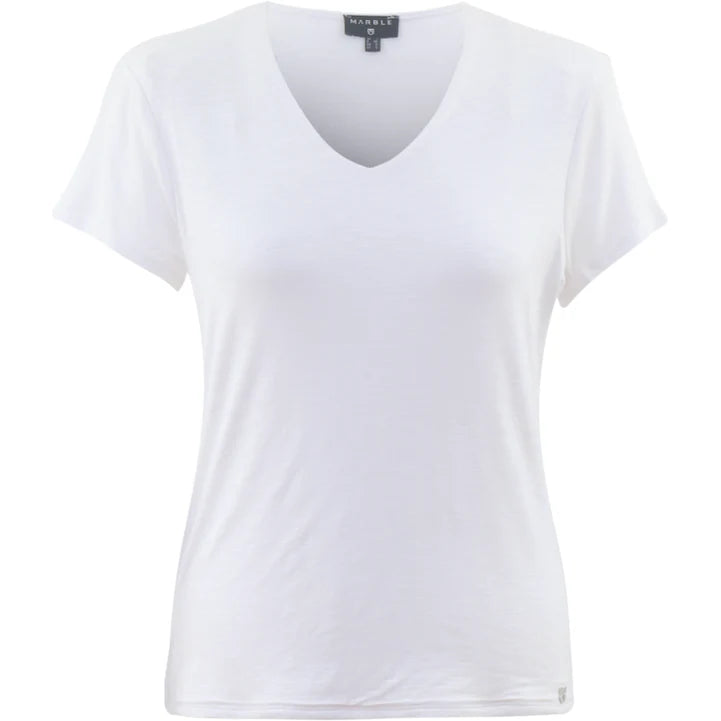 The White V-Neck shirt from MARBLE is a lightweight, soft plain white T-shirt that makes a versatile addition to any wardrobe. Its short-sleeved design features a small brand label on the upper back near the neckline, adding just a touch of detail.