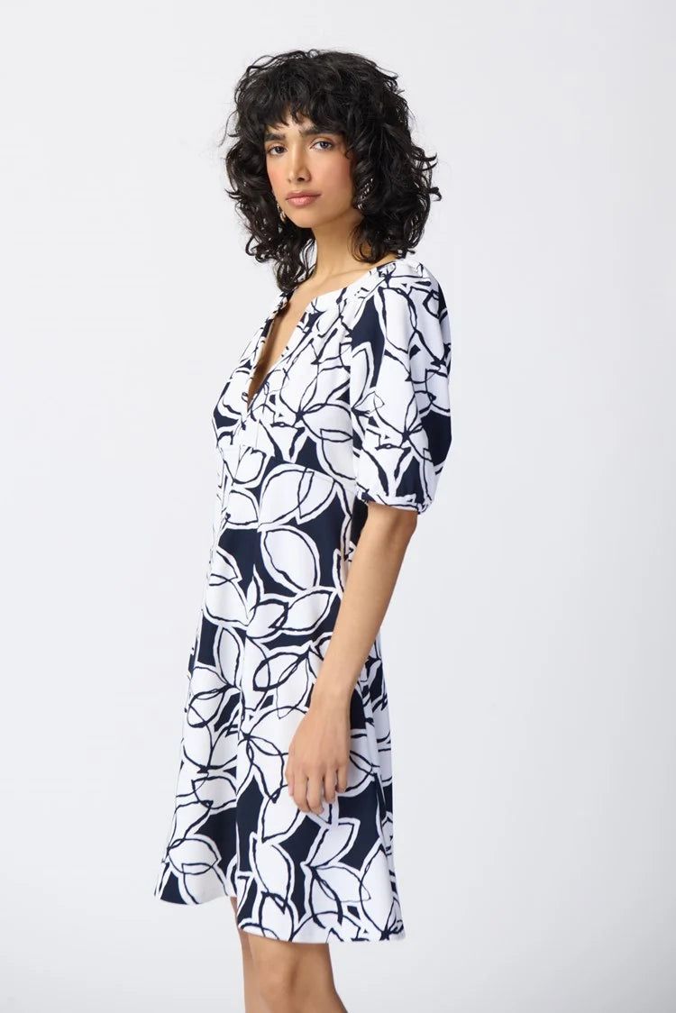 Leaf Print Scuba Crepe Fit-and-Flare Dress 241006 Joseph Ribkoff