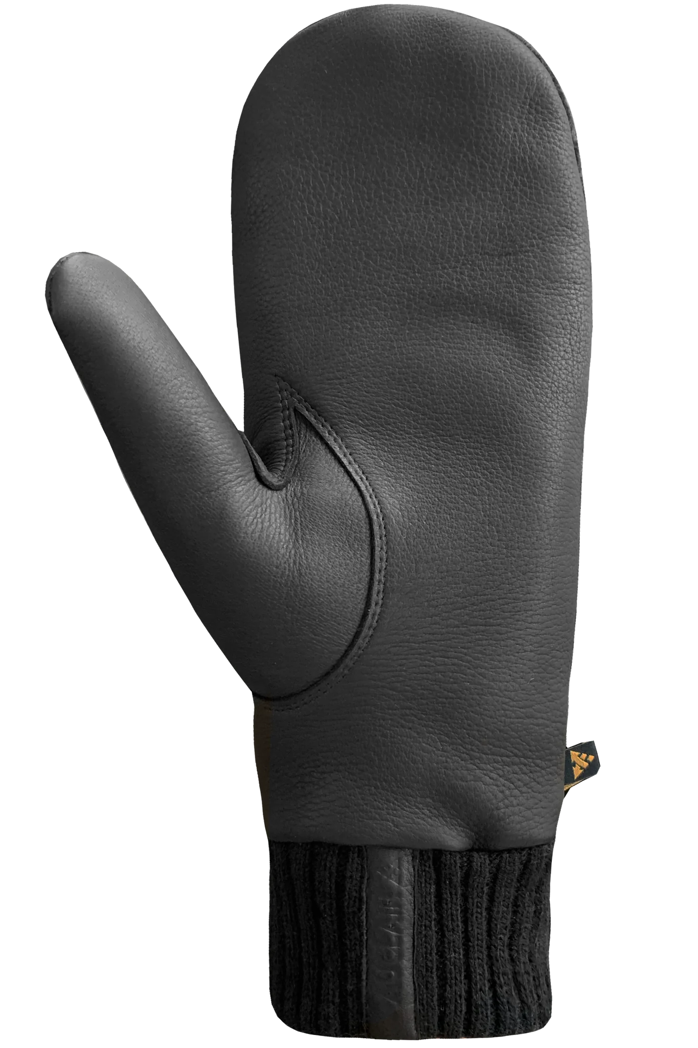 The Cassie Mitts - Women by AUCLAIR are showcased individually in a grey and black color scheme. The mitten displays a textured, wool back fabric on the top, complemented by a ribbed black cuff and a smooth black thumb. A small tag featuring the AUCLAIR logo is attached near the cuff on the side.