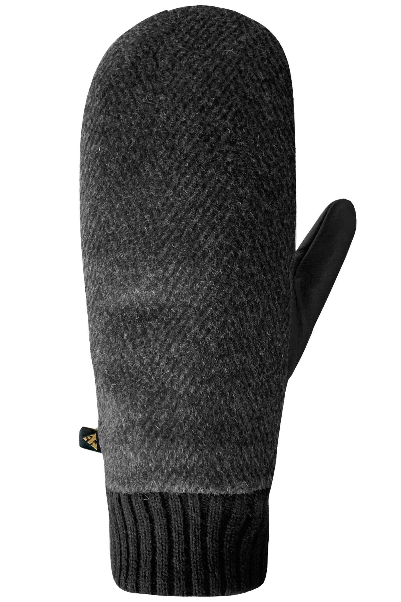 The Cassie Mitts - Women by AUCLAIR are showcased individually in a grey and black color scheme. The mitten displays a textured, wool back fabric on the top, complemented by a ribbed black cuff and a smooth black thumb. A small tag featuring the AUCLAIR logo is attached near the cuff on the side.