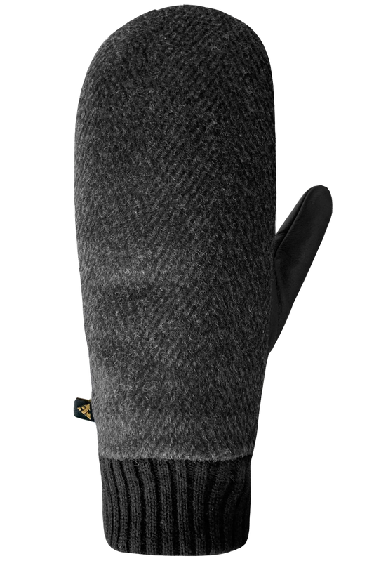 The Cassie Mitts - Women by AUCLAIR are showcased individually in a grey and black color scheme. The mitten displays a textured, wool back fabric on the top, complemented by a ribbed black cuff and a smooth black thumb. A small tag featuring the AUCLAIR logo is attached near the cuff on the side.