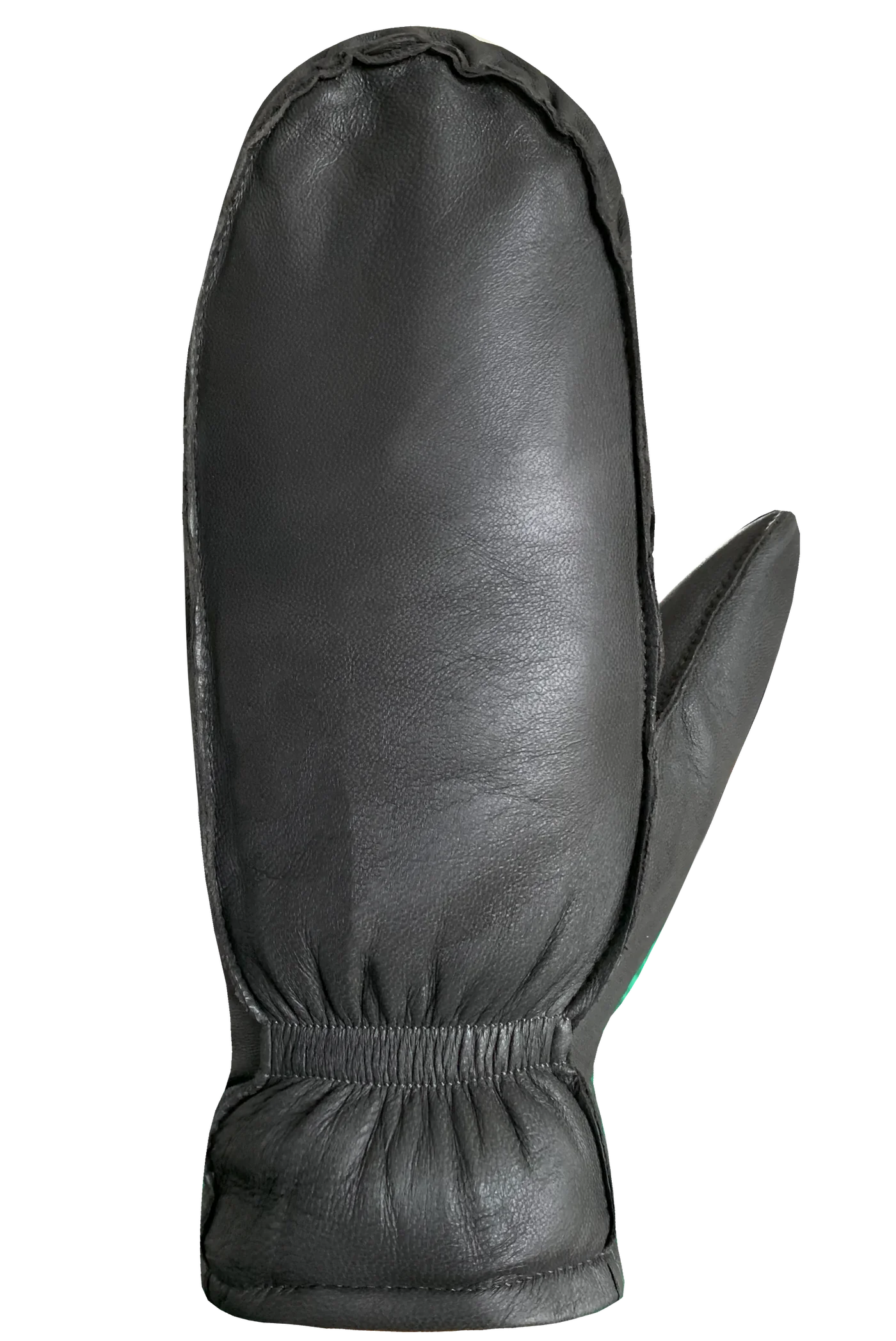 The Kiva Fingermitts for women by AUCLAIR are black leather mittens with a simple design, crafted from smooth and glossy sheep leather. They feature a single thumb compartment on the left side, and the material appears sleek and refined, displayed against a plain white background.