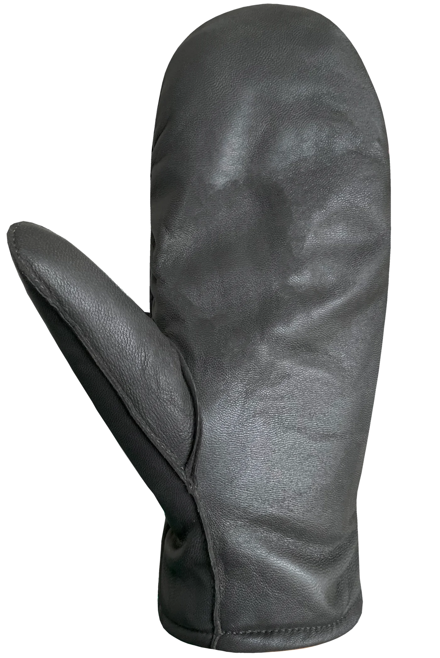 The Kiva Fingermitts for women by AUCLAIR are black leather mittens with a simple design, crafted from smooth and glossy sheep leather. They feature a single thumb compartment on the left side, and the material appears sleek and refined, displayed against a plain white background.