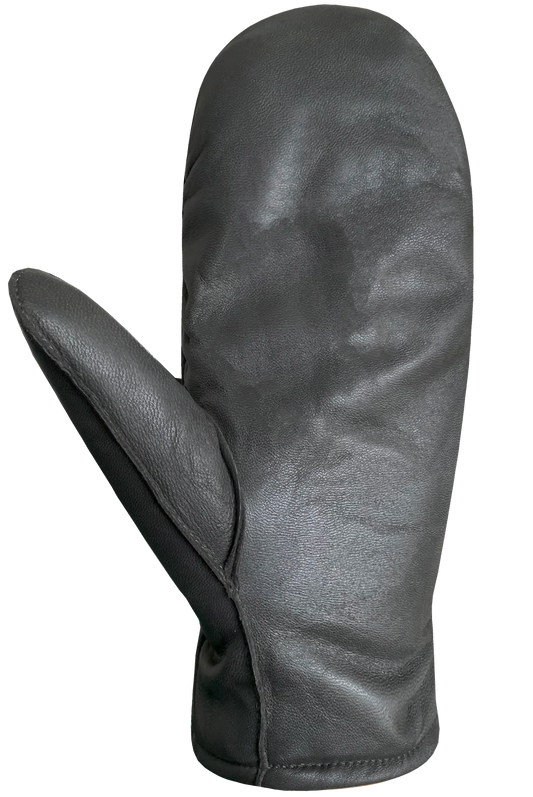 The Kiva Fingermitts for women by AUCLAIR are black leather mittens with a simple design, crafted from smooth and glossy sheep leather. They feature a single thumb compartment on the left side, and the material appears sleek and refined, displayed against a plain white background.