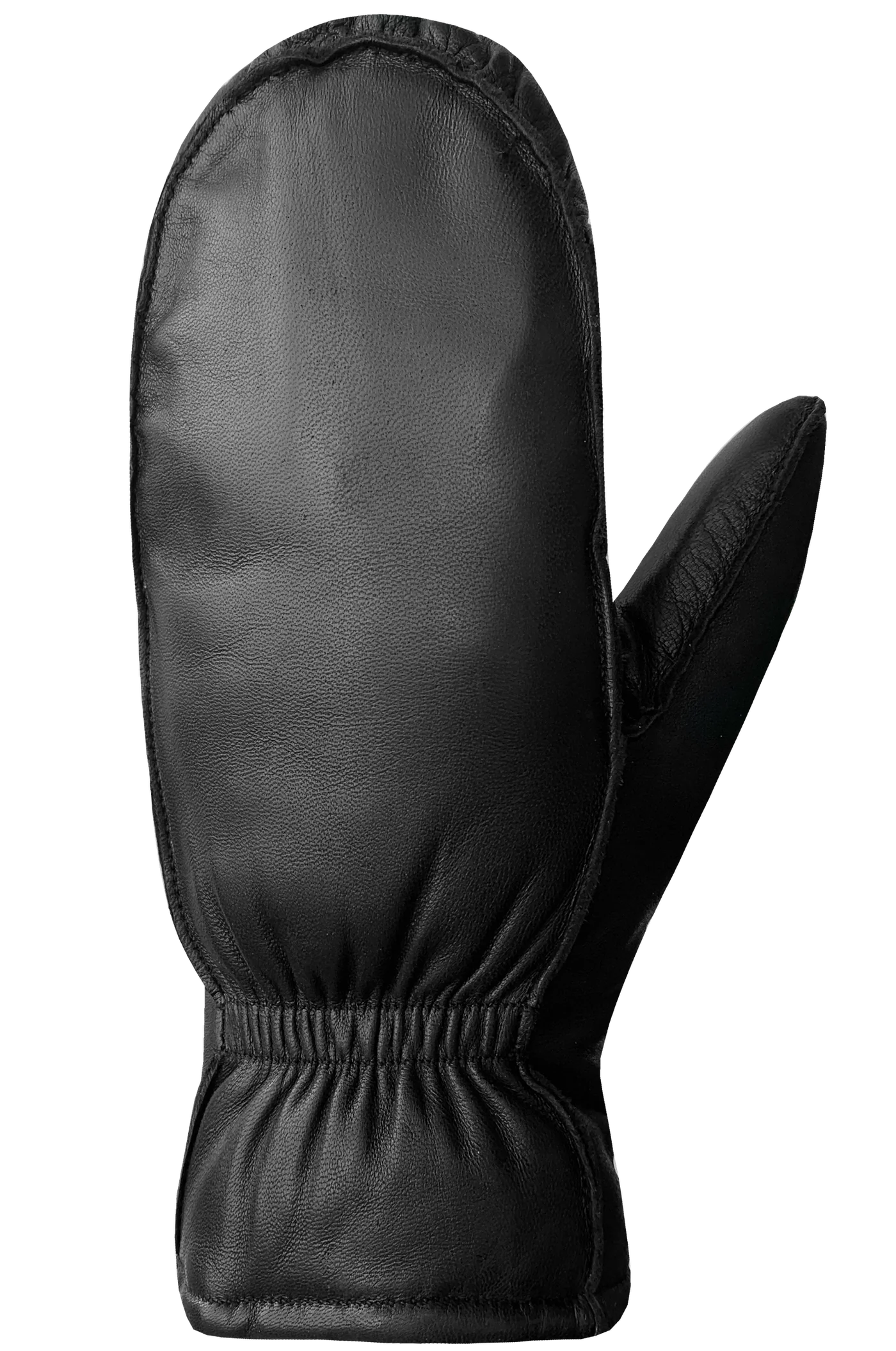 A single Kiva Fingermitt for women in black from AUCLAIR, crafted from supple sheepskin leather with a smooth finish, an elastic wrist, and a separate thumb section. The palm-side view showcases its Thermolite® insulation designed to keep hands warm in cold weather.