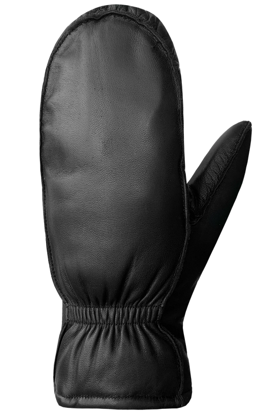 A single Kiva Fingermitt for women in black from AUCLAIR, crafted from supple sheepskin leather with a smooth finish, an elastic wrist, and a separate thumb section. The palm-side view showcases its Thermolite® insulation designed to keep hands warm in cold weather.