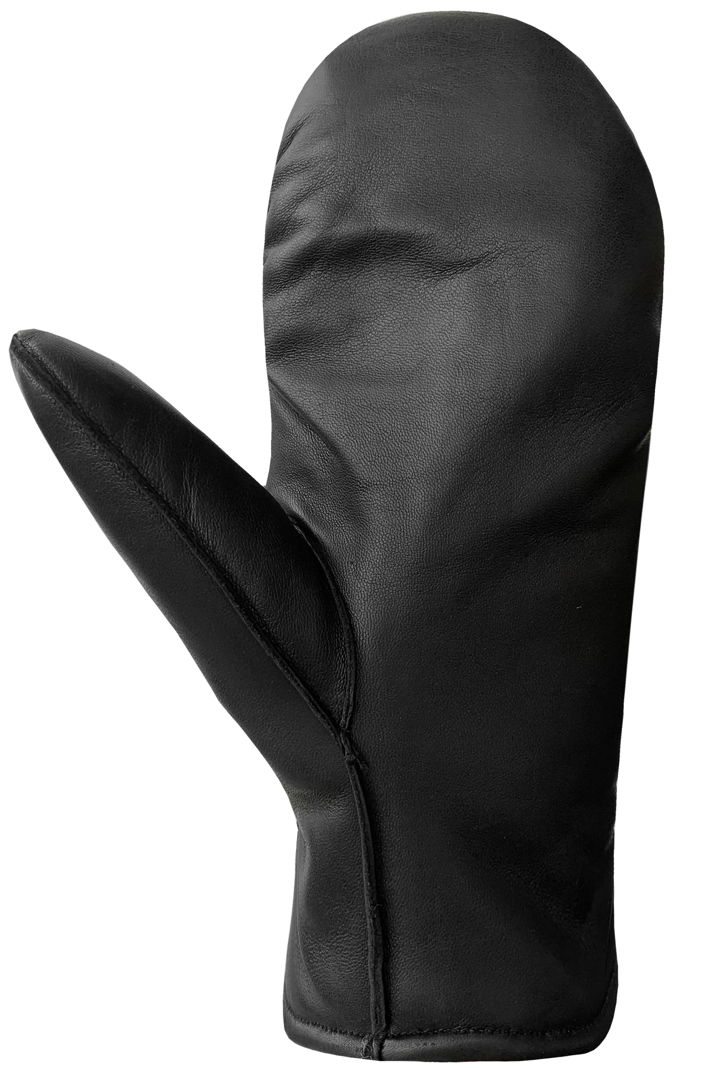 A single Kiva Fingermitt for women in black from AUCLAIR, crafted from supple sheepskin leather with a smooth finish, an elastic wrist, and a separate thumb section. The palm-side view showcases its Thermolite® insulation designed to keep hands warm in cold weather.