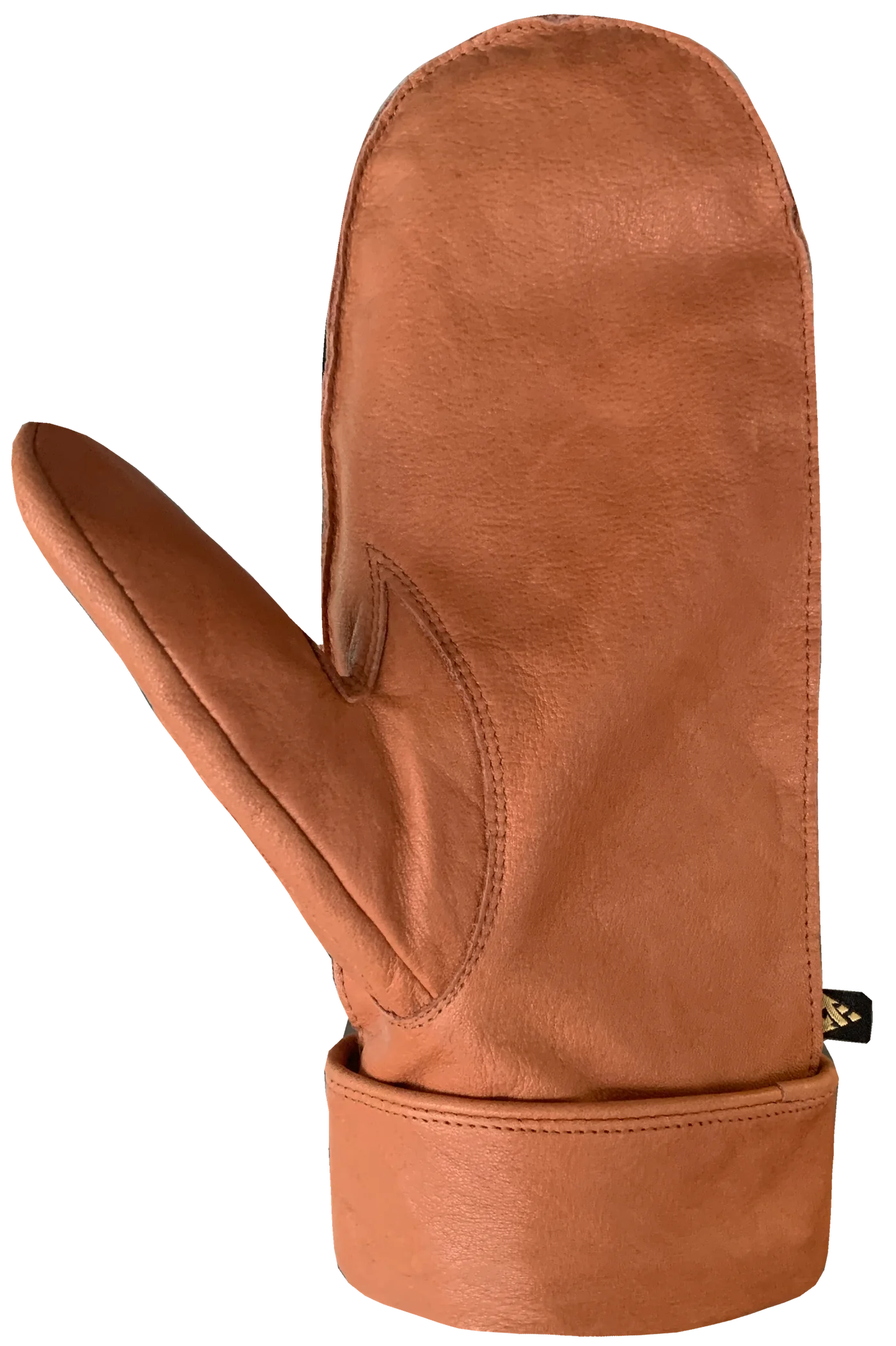 A close-up of the AUCLAIR Anouk Mitts for women showcases the durable brown cow leather with a plush white fur lining at the cuff. White stitching forms an X pattern along the side for added protection. The texture of the leather and the plushness of the fur lining are clearly visible.