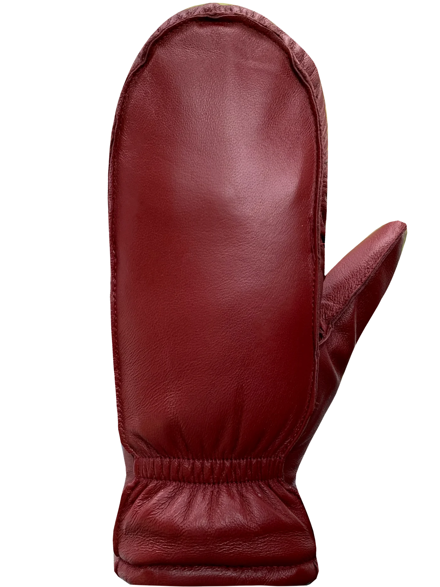 A single mitten from AUCLAIR's Luna Gloves-Women collection is displayed against a white background. This trendy piece, in a rich cranberry color, showcases a smooth leather texture with edge stitching and an elastic band around the wrist area.