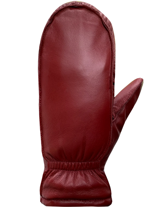 A single mitten from AUCLAIR's Luna Gloves-Women collection is displayed against a white background. This trendy piece, in a rich cranberry color, showcases a smooth leather texture with edge stitching and an elastic band around the wrist area.