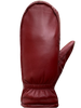 A single mitten from AUCLAIR's Luna Gloves-Women collection is displayed against a white background. This trendy piece, in a rich cranberry color, showcases a smooth leather texture with edge stitching and an elastic band around the wrist area.