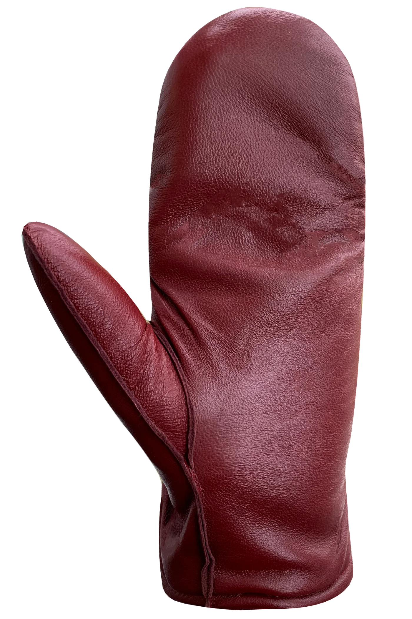 A single mitten from AUCLAIR's Luna Gloves-Women collection is displayed against a white background. This trendy piece, in a rich cranberry color, showcases a smooth leather texture with edge stitching and an elastic band around the wrist area.