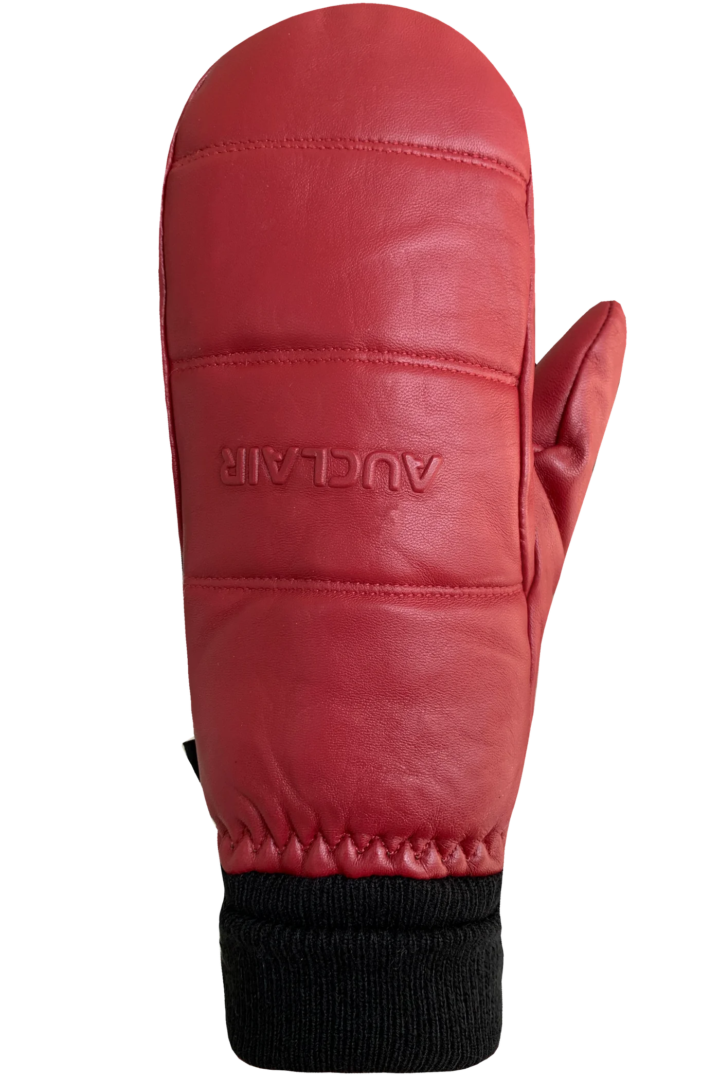 The Luna Mitts for women by AUCLAIR are red leather mittens with black ribbed fabric at the wrist and quilted padding. Featuring a durable fleece lining, they have "AUCLAIR" embossed on the back of the hand and a separately defined thumb.