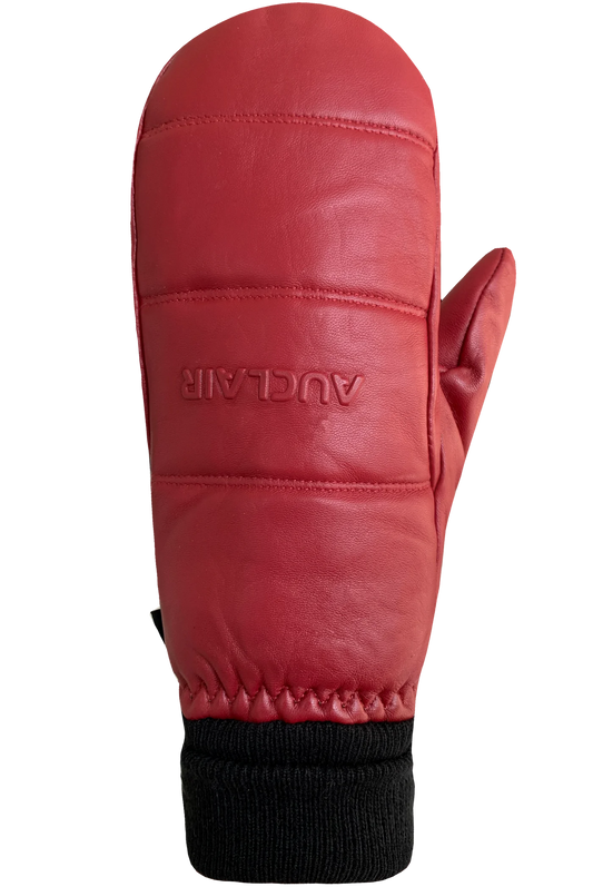 The Luna Mitts for women by AUCLAIR are red leather mittens with black ribbed fabric at the wrist and quilted padding. Featuring a durable fleece lining, they have "AUCLAIR" embossed on the back of the hand and a separately defined thumb.