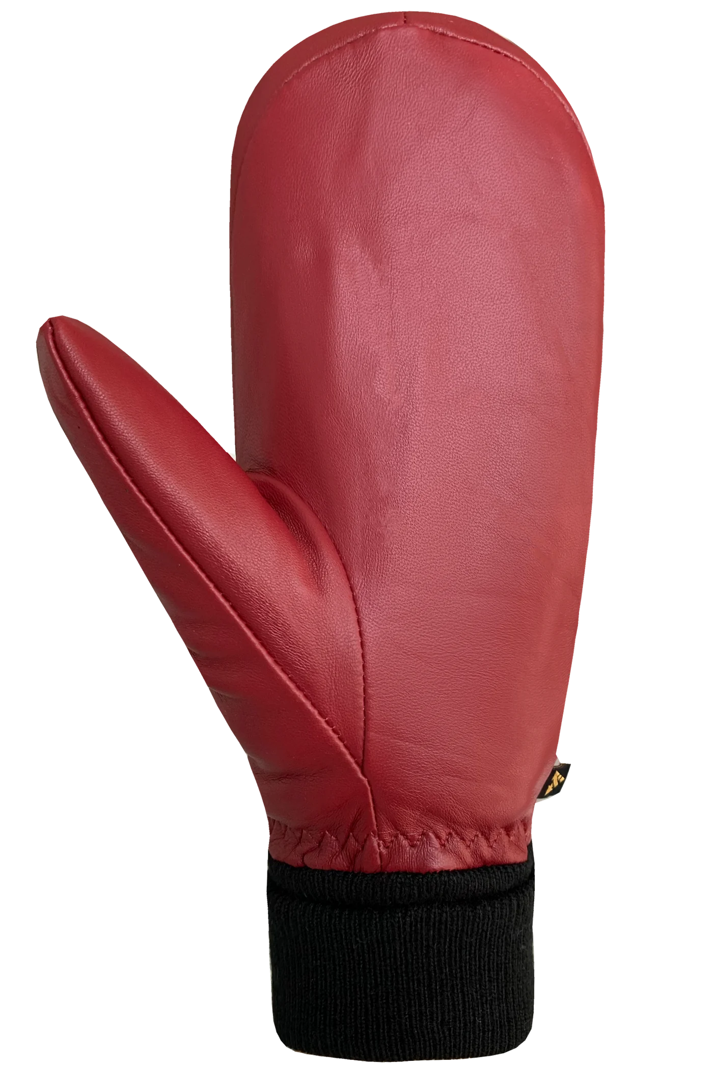 The Luna Mitts for women by AUCLAIR are red leather mittens with black ribbed fabric at the wrist and quilted padding. Featuring a durable fleece lining, they have "AUCLAIR" embossed on the back of the hand and a separately defined thumb.