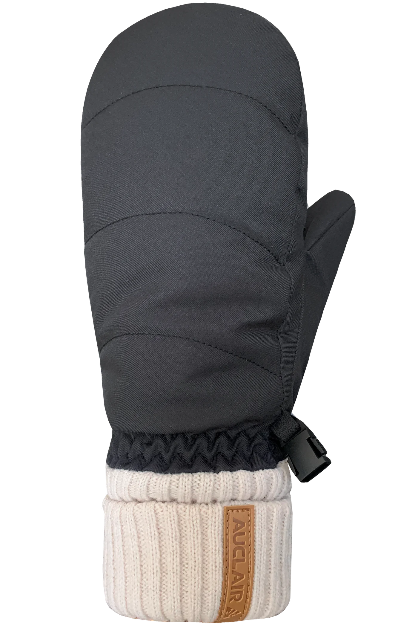 The Lea Mitts for women by AUCLAIR are black mittens with a padded outer surface, an elastic wrist, and a ribbed cream-colored knit cuff. They feature touchscreen compatibility and have a brown patch embossed with "AUCLAIR" near the cuff for stylish warmth.