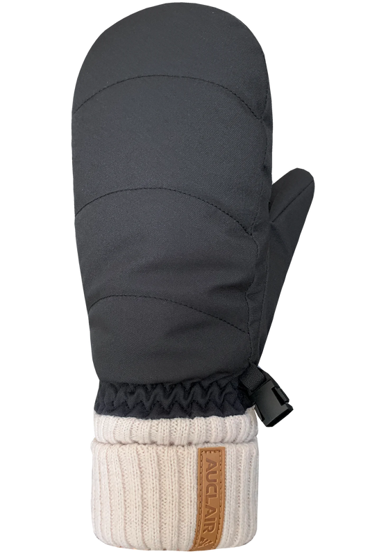 The Lea Mitts for women by AUCLAIR are black mittens with a padded outer surface, an elastic wrist, and a ribbed cream-colored knit cuff. They feature touchscreen compatibility and have a brown patch embossed with "AUCLAIR" near the cuff for stylish warmth.